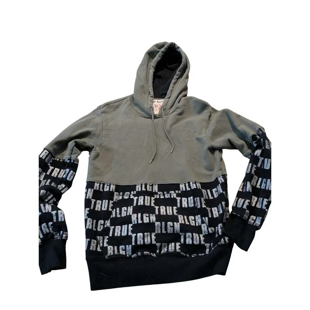 True Religion Mens Hoodie Gray Black Silver Metallic Logo Print Colorblock Small